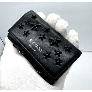 Jimmy Choo DEPOS Star Studded Black Leather 3 Ring Key Case w pocket 9BM0212